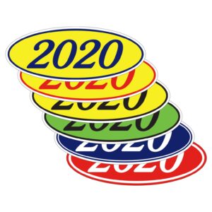 Vinyl Oval Year Window Stickers – 2019-2025 – Red on Yellow – Pack of 12
