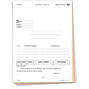 Special Parts Order Forms – SPO-4 – 4-Part Carbonless – Pack of 100