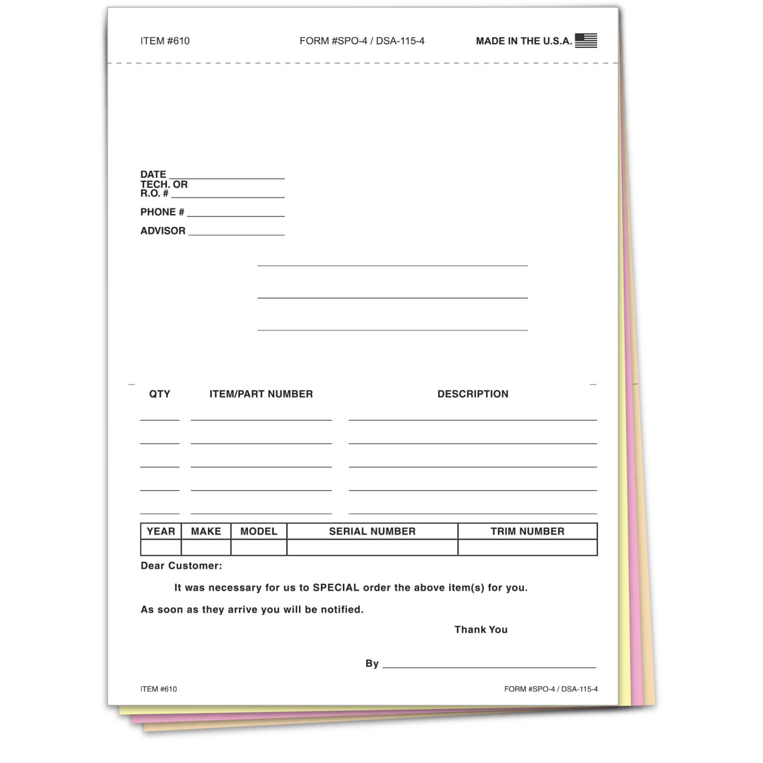 Special Parts Order Forms – SPO-4 – 4-Part Carbonless – Pack of 100